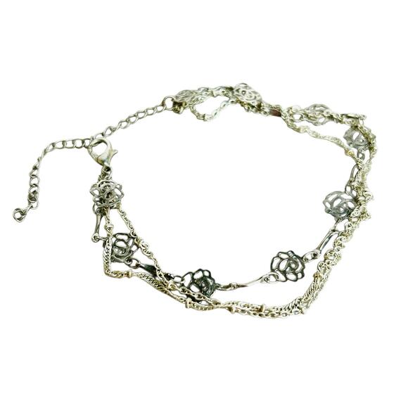 Triple Chain Silver Tone Cut Out Roses Anklet - Picture 1 of 4